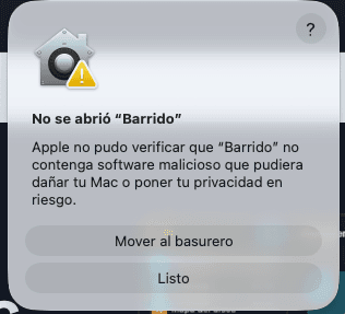 Aviso de macOS: No se abrió Barrido, con los botones Mover al basurero y Listo