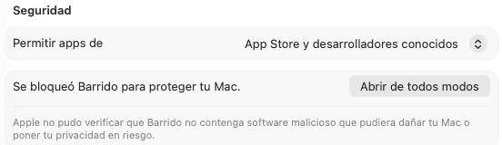 Sección Seguridad de Configuración del Sistema: Se bloqueó Barrido para proteger tu Mac, con el botón Abrir de todos modos