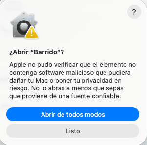 Aviso de macOS: ¿Abrir Barrido?, con los botones Abrir de todos modos y Listo