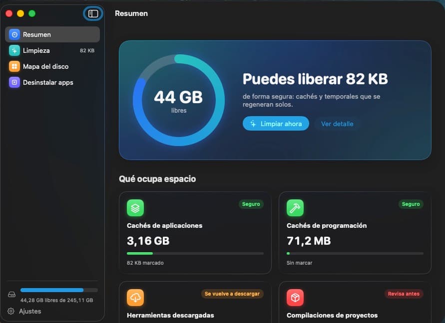 Pantalla de resumen de Barrido: espacio libre del disco y lo que ocupa espacio, por categoría
