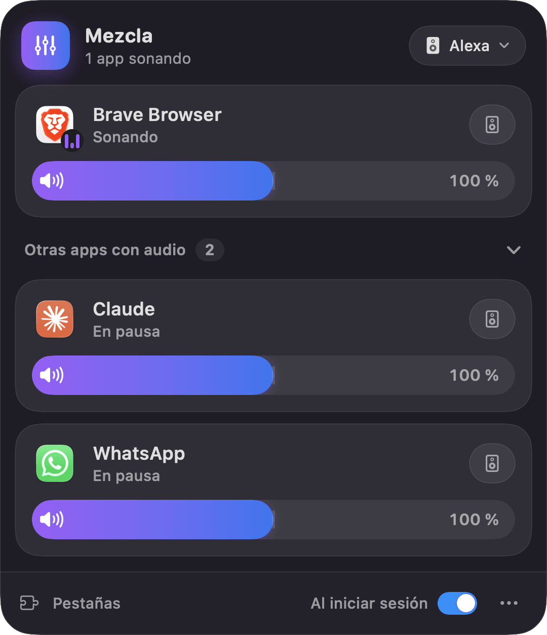 Panel de Mezcla en la barra de menú: Brave sonando y Claude y WhatsApp en pausa, cada uno con su volumen